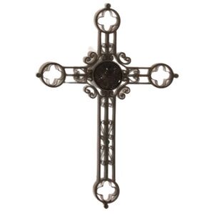 Unbranded Huge  Iron Hanging Cross Amber Embossed Pattern Glass Center VTG
